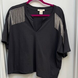NWOT Torrid Festi Rhinestone Fringe Gray Cropped T-Shirt, Size 0